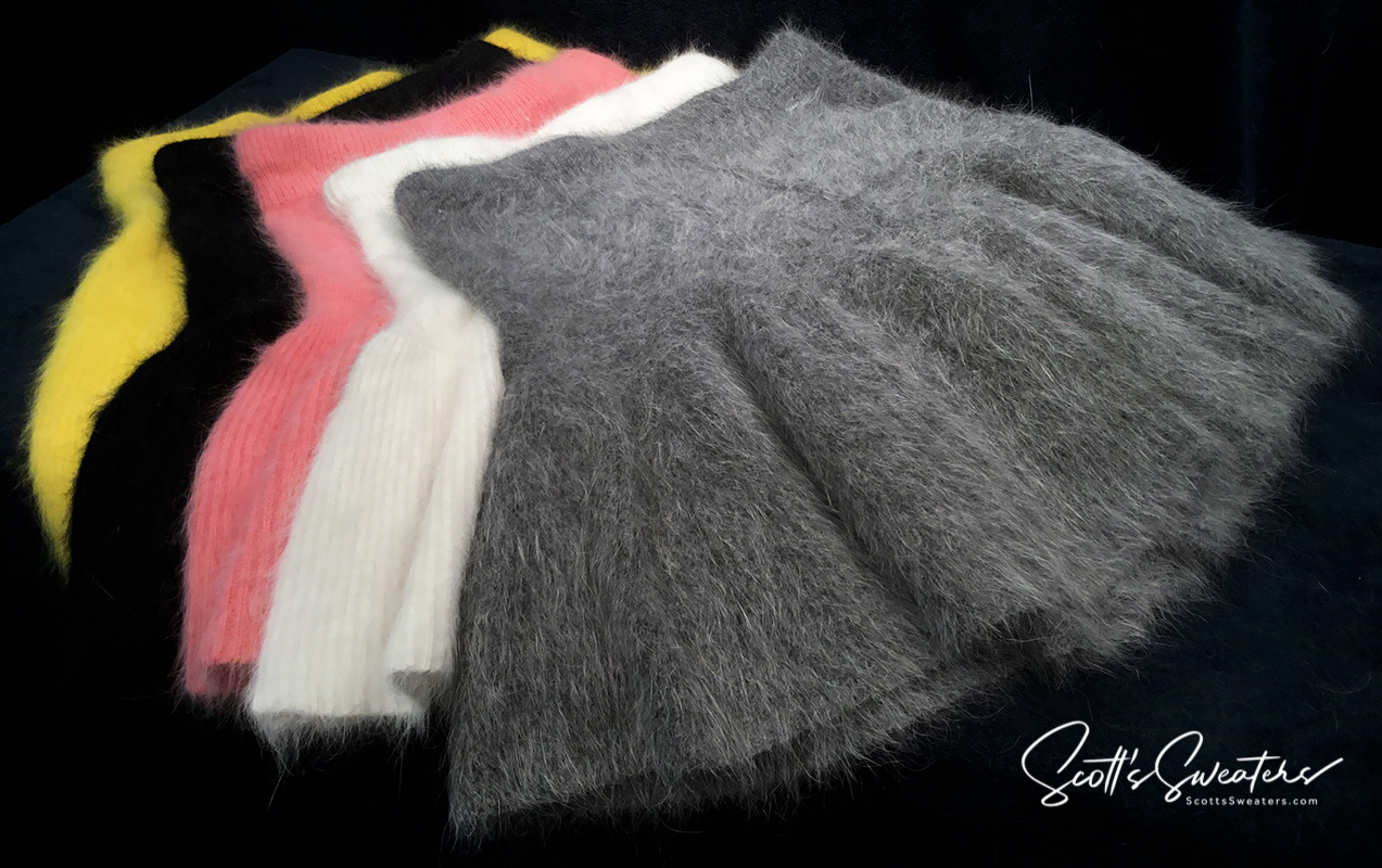 Soft and fluffy woman's short angora skirts in multiple colors with elastic waistband by Scott's Sweaters