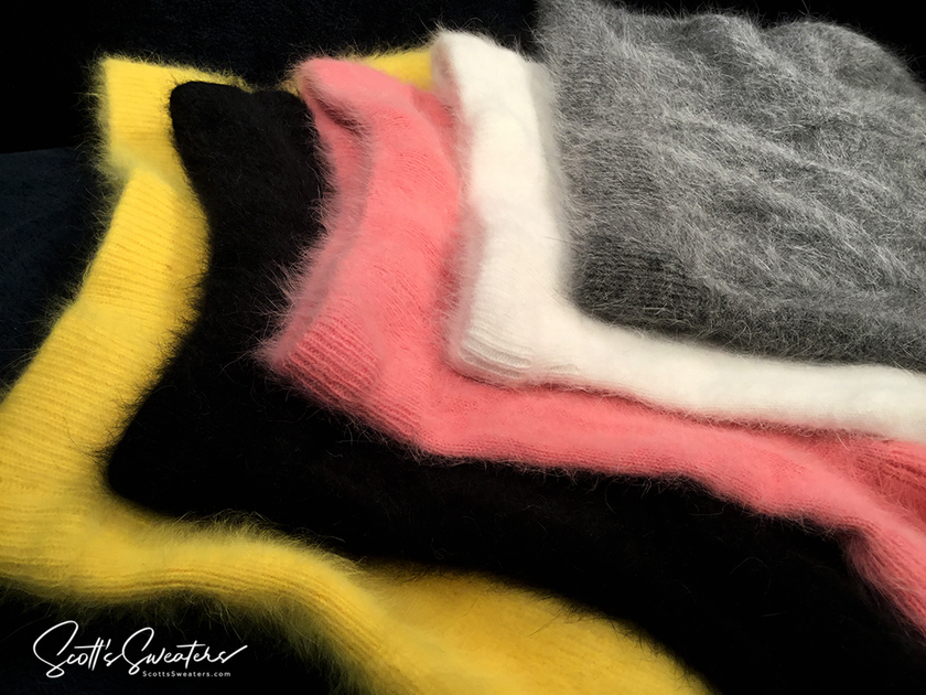 Soft women's short angora skirts in yellow, black, pink, white, and gray with elastic waistband by Scott's Sweaters
