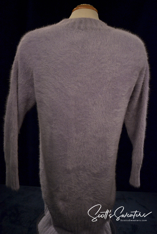 Light-blue angora crewneck sweaterdress with soft, fuzzy texture in small-medium size
