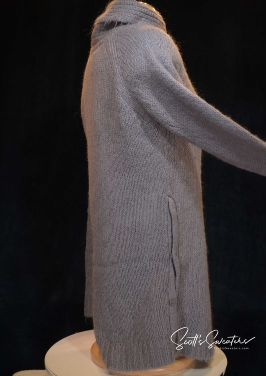 Men's Long Sweater slate-grey mohair shawl-neck sweater by Zara with side slits and snap closures