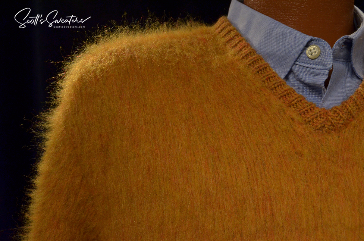 Golden retro classic mohair V-neck sweater with white stripes by Mr. Pro