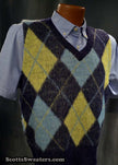 Navy French Blue Yellow Retro Shaggy Argyle Mohair V-Neck Sweater Vest small size short length