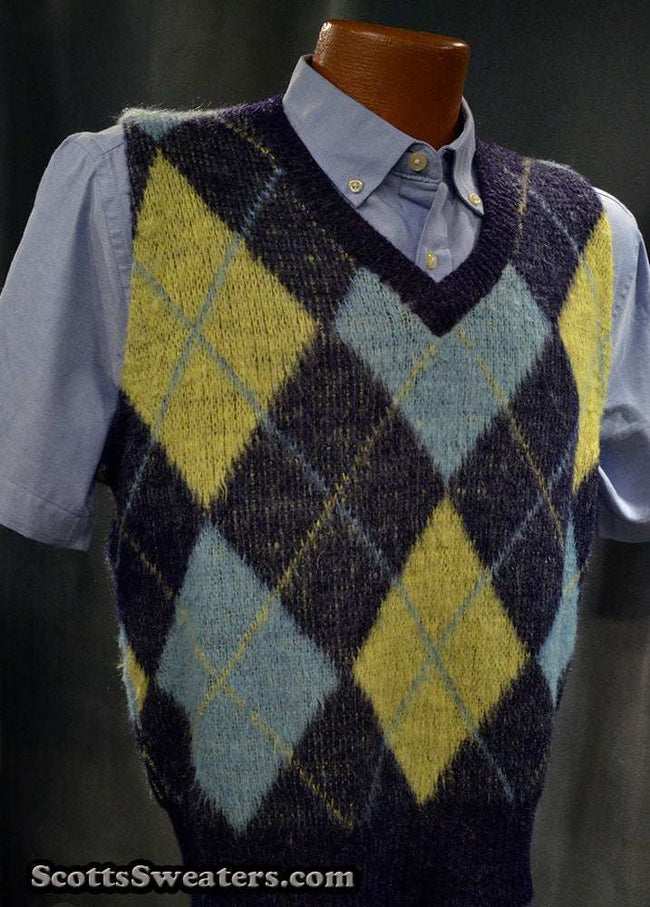 Navy French Blue Yellow Retro Shaggy Argyle Mohair V-Neck Sweater Vest small size short length