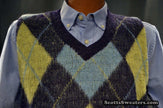 Navy French Blue Yellow Retro Shaggy Argyle Mohair V-Neck Sweater Vest Small Size