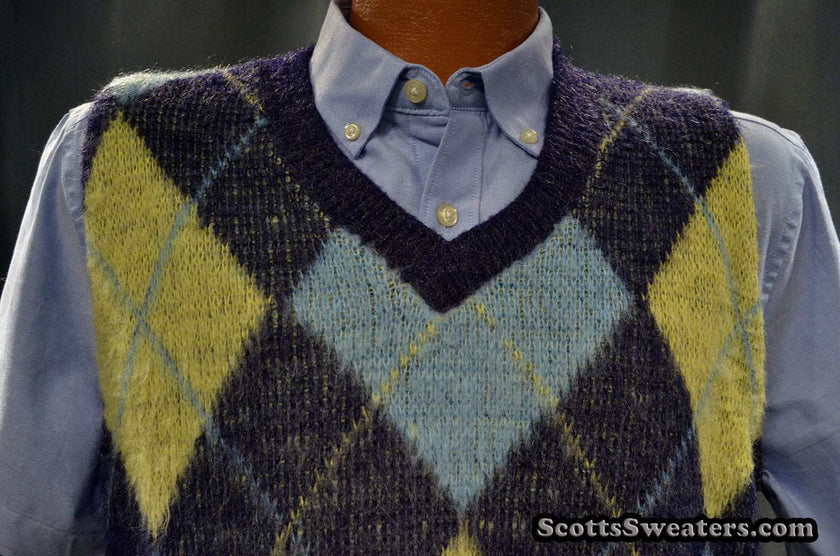 Navy French Blue Yellow Retro Shaggy Argyle Mohair V-Neck Sweater Vest Small Size