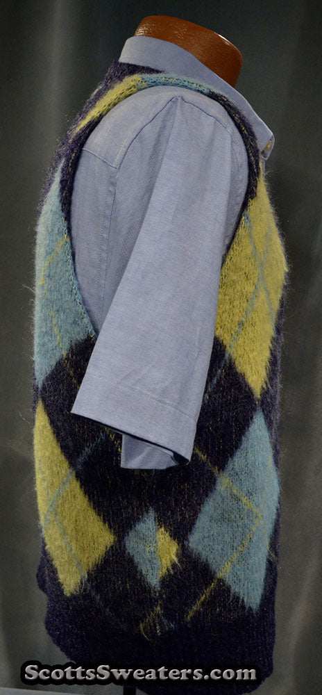 Navy French Blue Yellow retro shaggy argyle mohair sweater vest small size short length