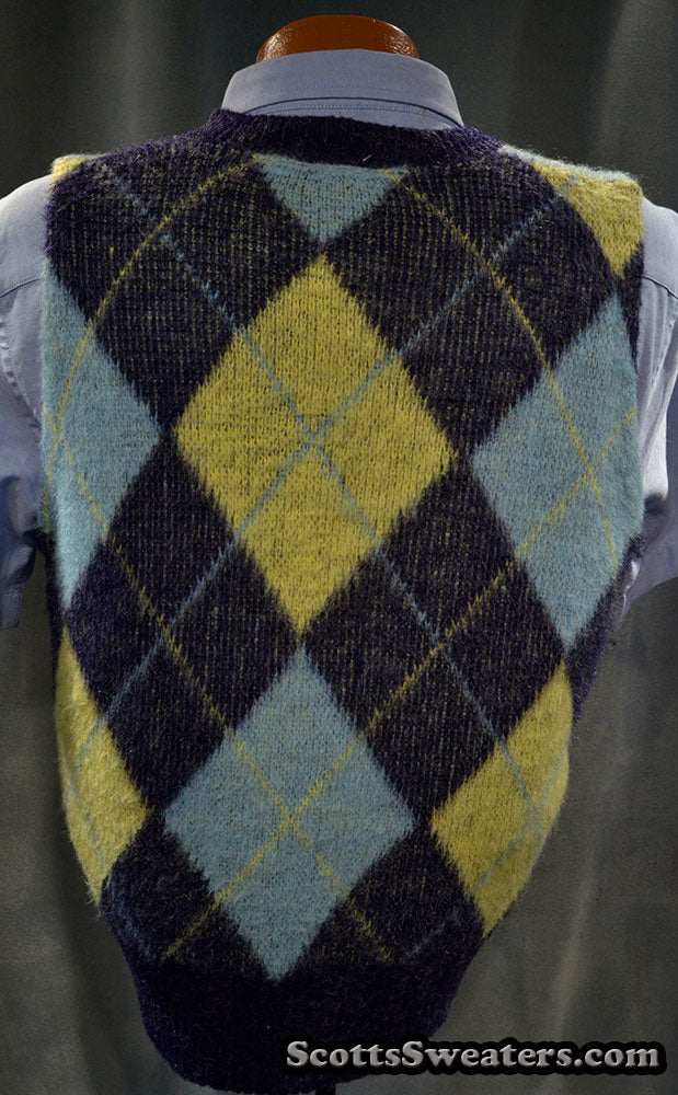 Navy French blue yellow retro shaggy argyle mohair sweater vest small size short length