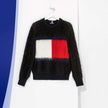Black men's crewneck mohair sweater with large Tommy Hilfiger flag logo on chest