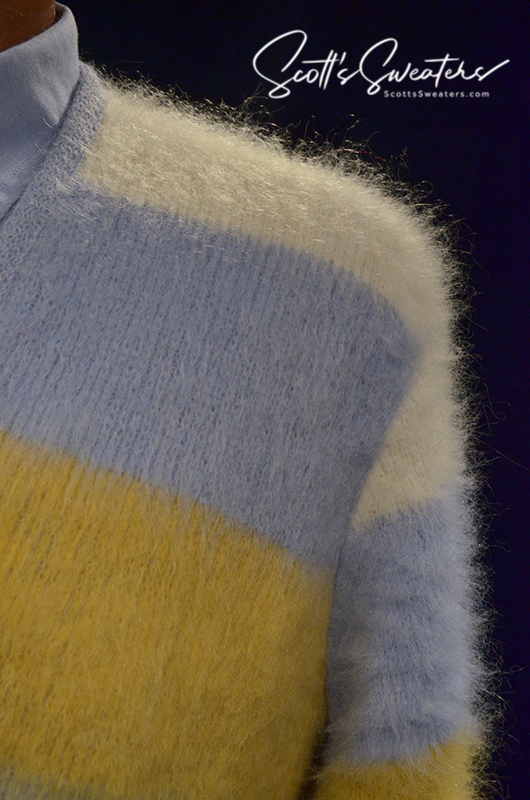 Four-color classic men's retro mohair cardigan sweater in white, blue, tan, and grey with metal buttons, vintage style, small size