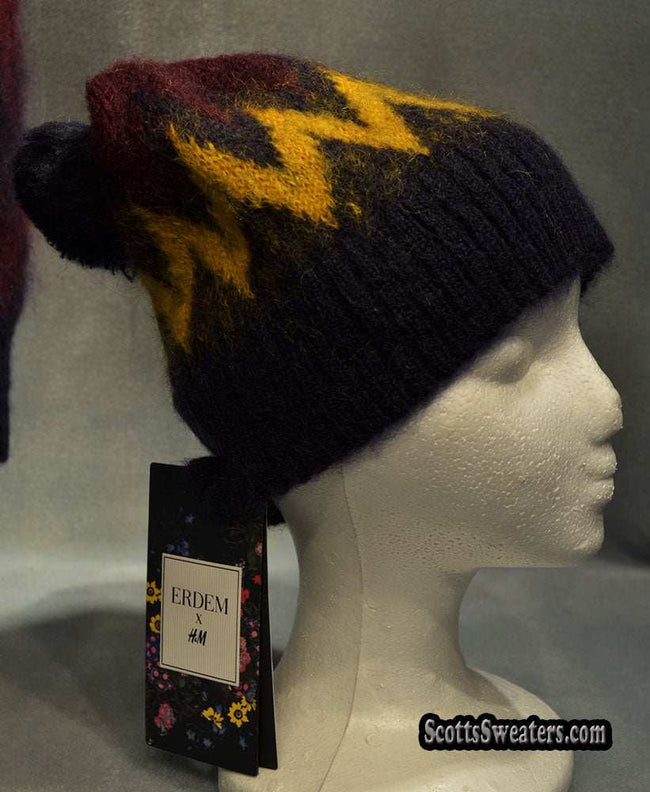 Matching hat and scarf in burgundy for men's mohair crewneck sweater collaboration Erdem x H&M