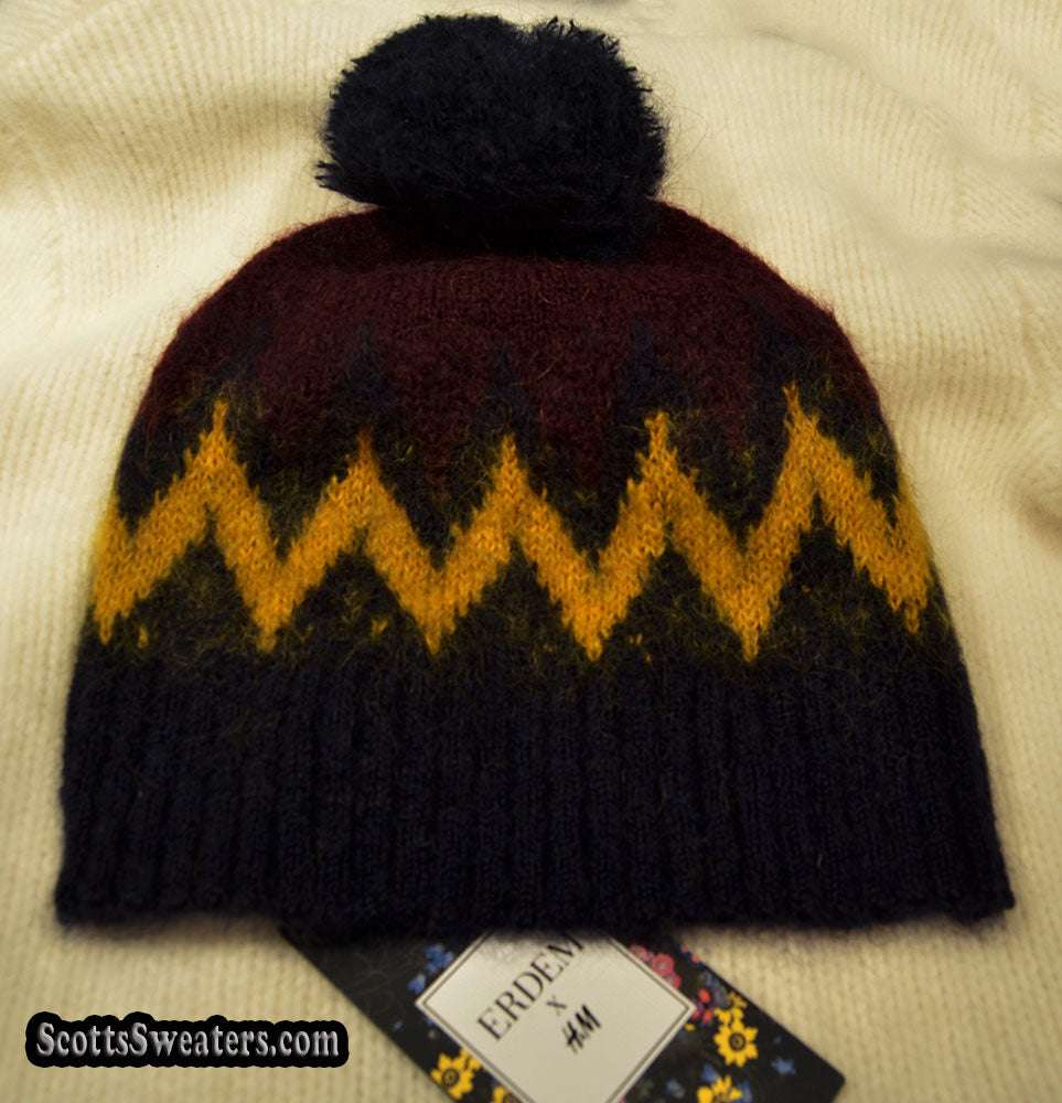 Matching hat and scarf set in burgundy for men's mohair crewneck sweater by Erdem x H&M