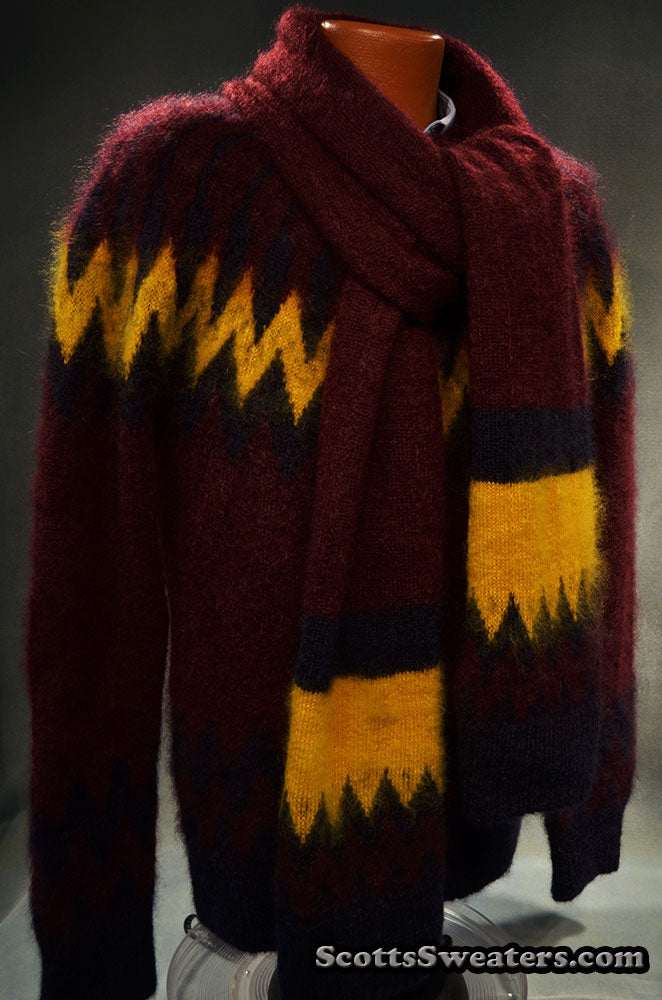 Burgundy matching hat and scarf with yellow and black zigzag pattern paired with men's mohair crewneck sweater
