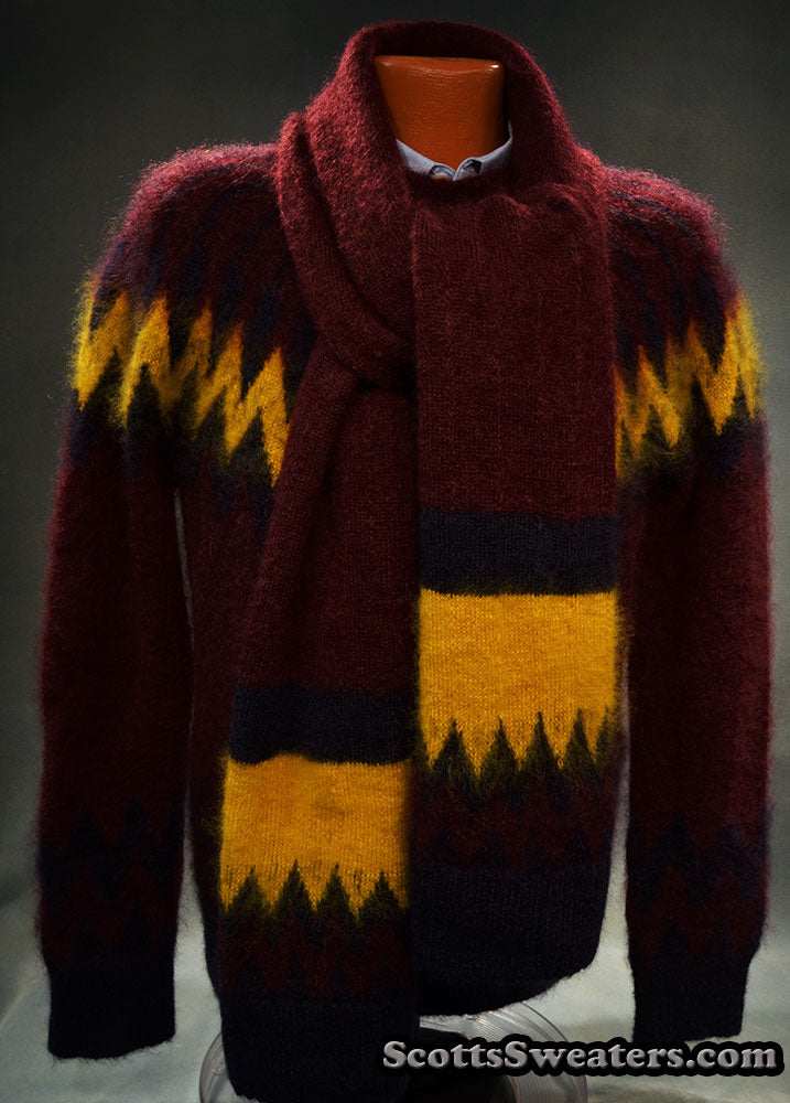 Matching hat and scarf in burgundy for men's mohair crewneck sweater collaboration Erdem x H&M