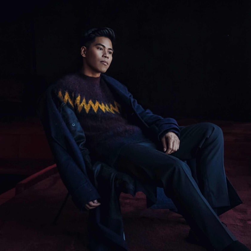 Men's crewneck mohair sweater in white and burgundy from Erdem x H&M collaboration