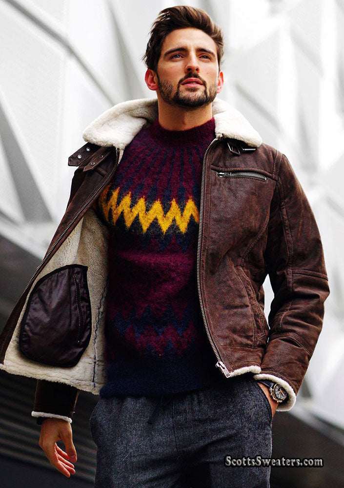 Men's crewneck mohair sweater in burgundy by Erdem x H&M, limited edition and in stock in the USA