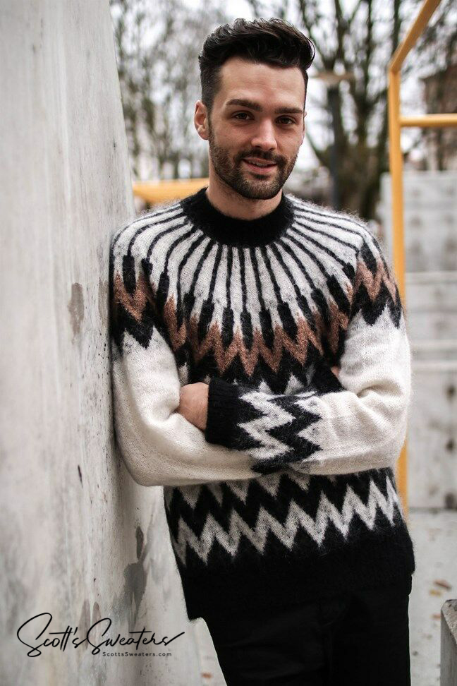 Men's burgundy crewneck mohair sweater by Erdem x H&M in a 360-degree view