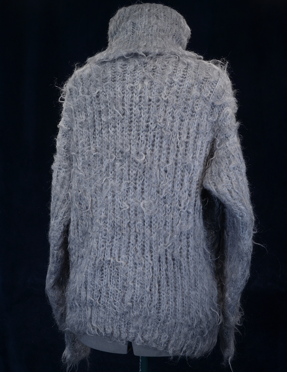 Unisex grey handknit mohair sweater with ribbed triple-length turtleneck, size 3XL, back view