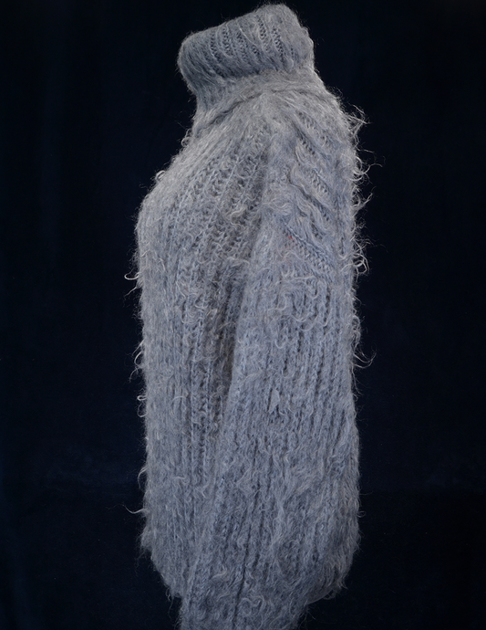 Unisex grey 3XL hand-knit mohair sweater with triple-length ribbed turtleneck collar.