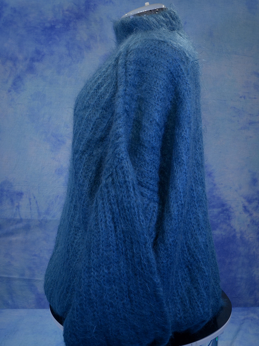 Men's 7XL aqua-green hand-knit mohair crewneck sweater with rib-knit design and three-fold height neck
