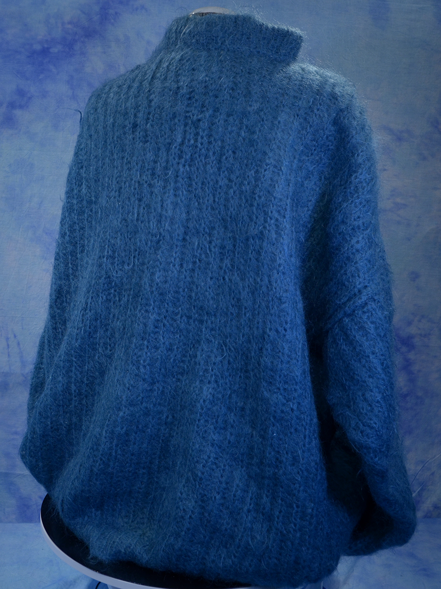 Men's 7XL aqua-green mohair hand-knit crewneck sweater with three-fold height neck and rib-knit design