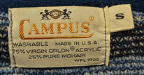 Blue fuzzy retro crewneck mohair sweater with black-light blue-white design by Campus, size X-Small