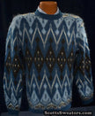 Blue fuzzy retro crewneck mohair sweater with black, light blue, and white geometric design by Campus, size X-Small