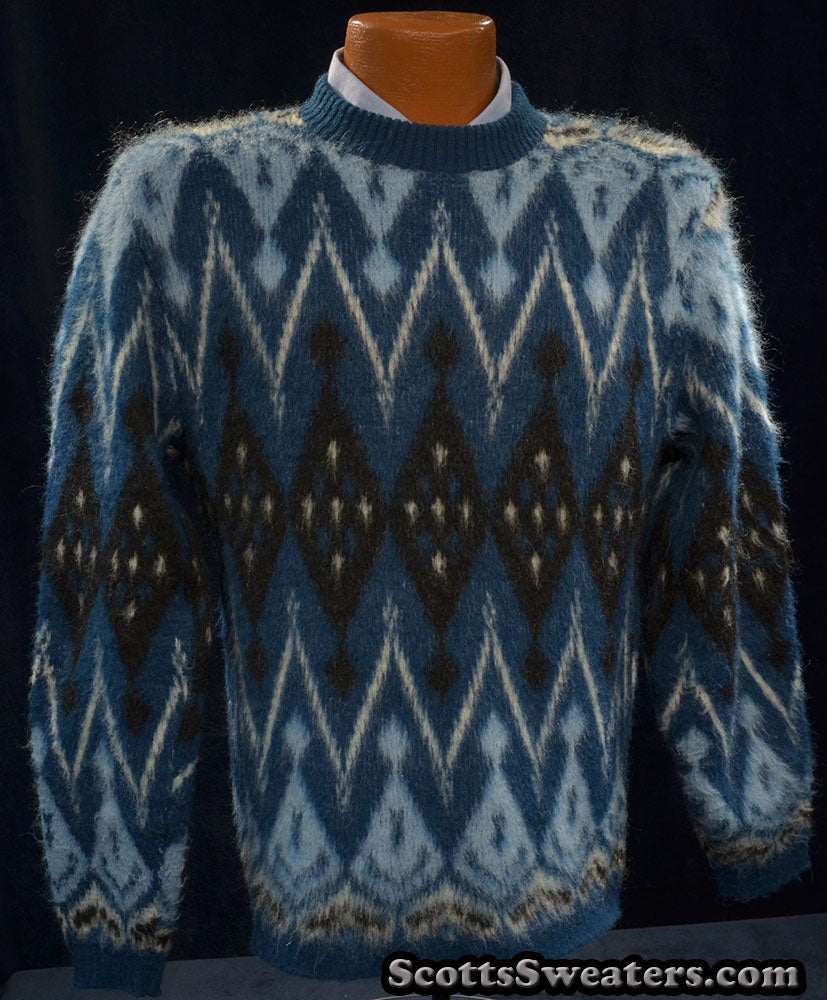 Blue fuzzy retro crewneck mohair sweater with black, light blue, and white geometric design by Campus, size X-Small