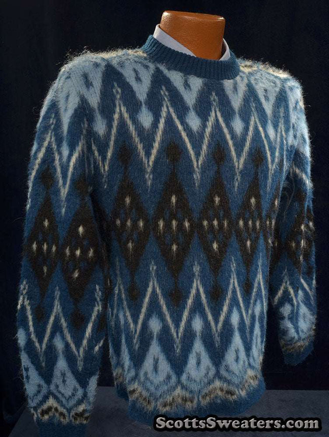 Blue fuzzy retro crewneck mohair sweater with black-light blue-white geodetic design, X-Small size by Campus