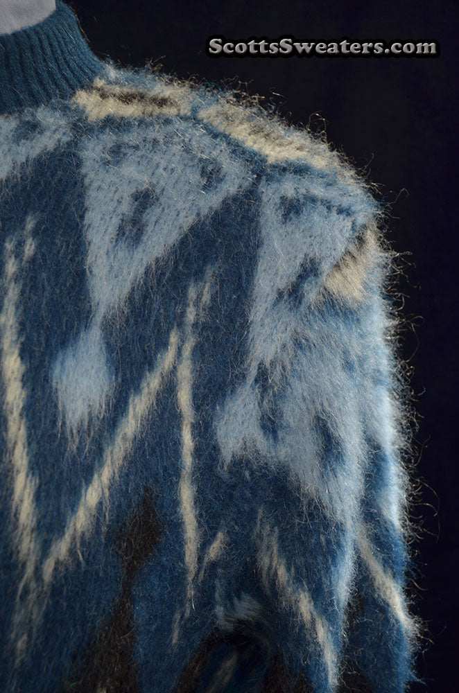 Blue fuzzy retro crewneck mohair sweater with black, light blue, and white geometric design by Campus, size X-Small