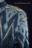 Blue fuzzy retro crewneck mohair sweater with black, light blue, and white geometric design by Campus, size X-Small