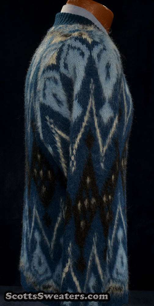 Blue fuzzy retro crewneck mohair sweater with black-blue-white geometric design, size X-small