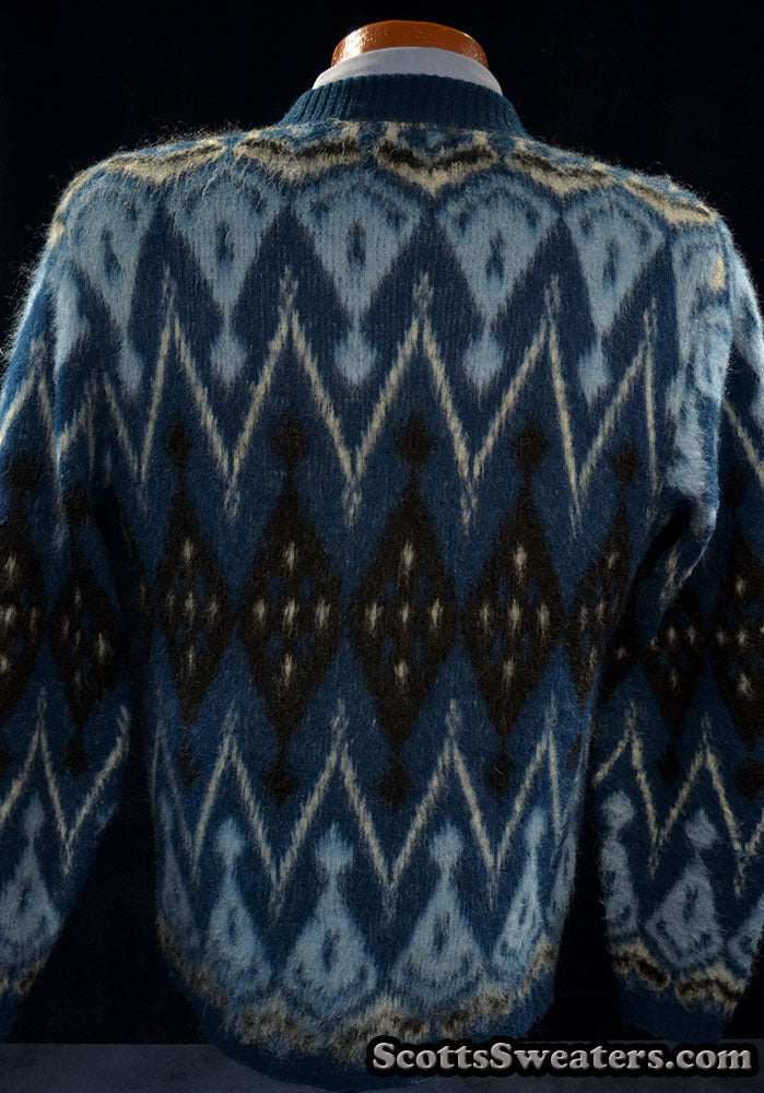 Blue fuzzy retro crewneck mohair sweater with black-light blue-white geometric design in X-small size