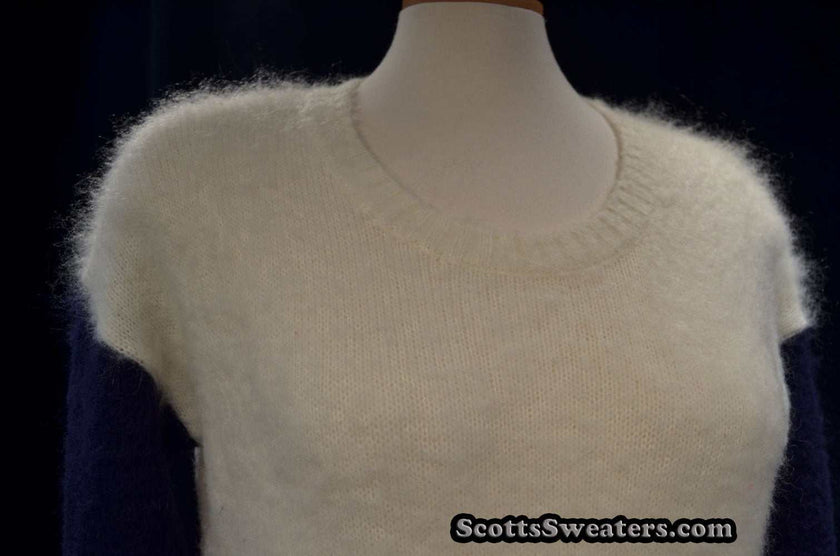White, red, and navy mohair color-block sweater by Madewell, roundneck fuzzy design, size small-medium