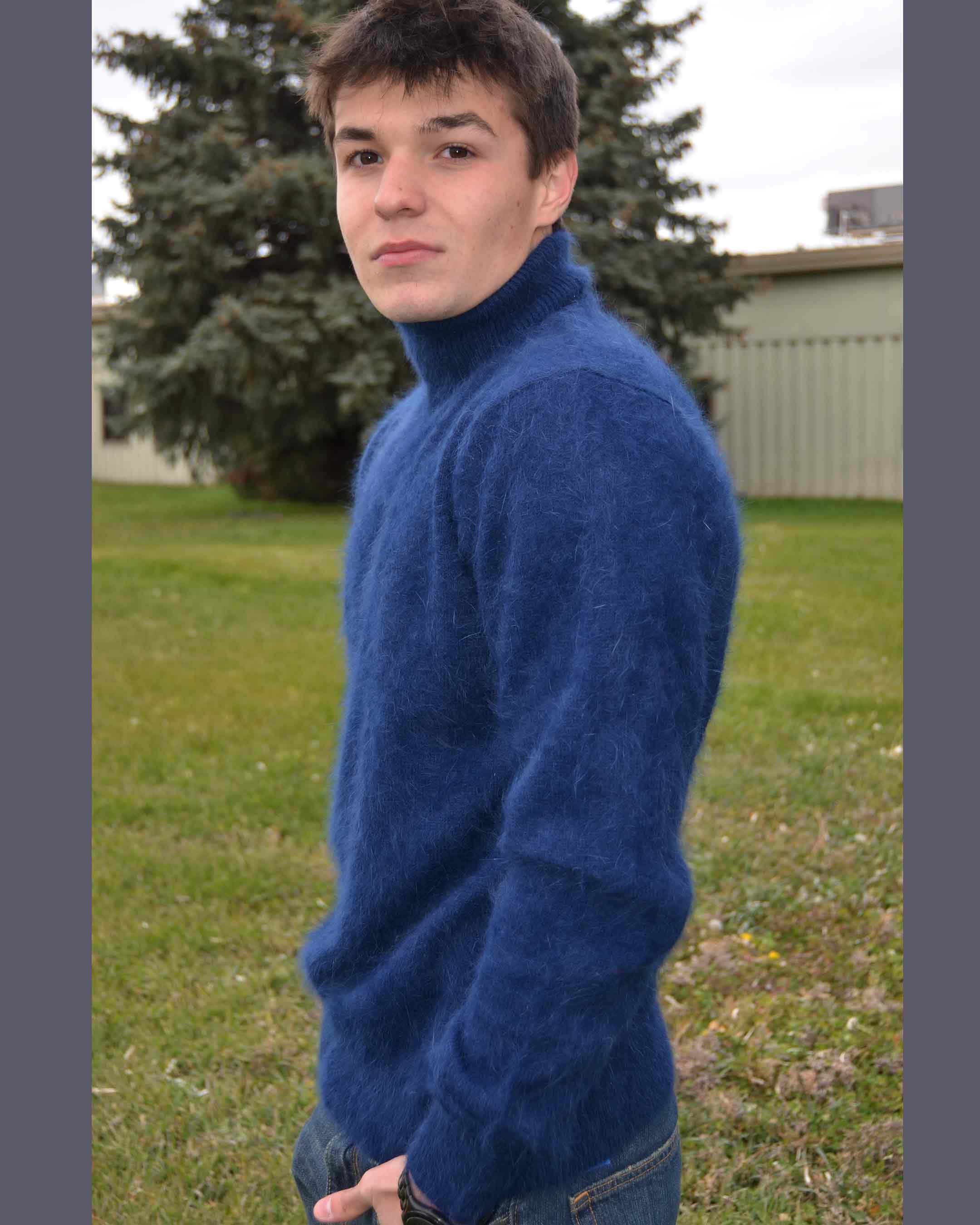 Men's turtleneck ultra-soft angora sweater in classic neutral color on male model