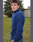 Men's turtleneck ultra-soft angora sweater in classic neutral color on male model