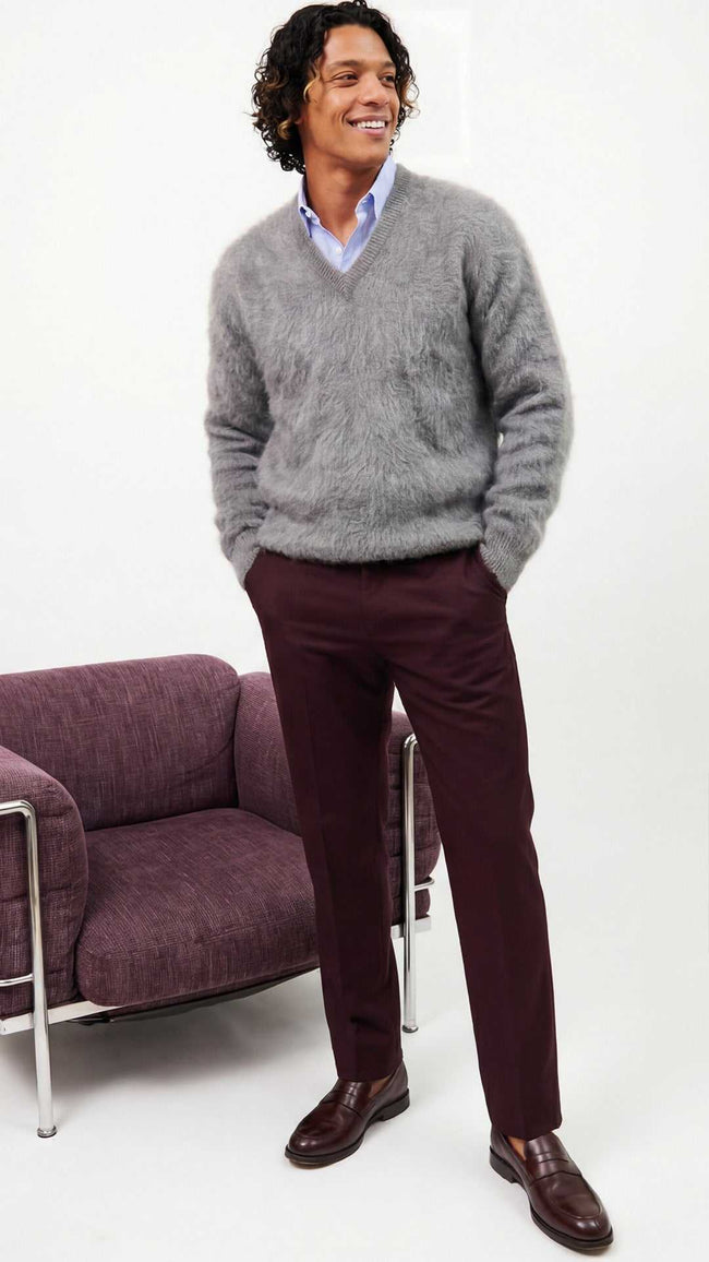 Men's Ultra-Soft Angora V-Neck Sweater in soft knitwear, luxury fall fashion for men