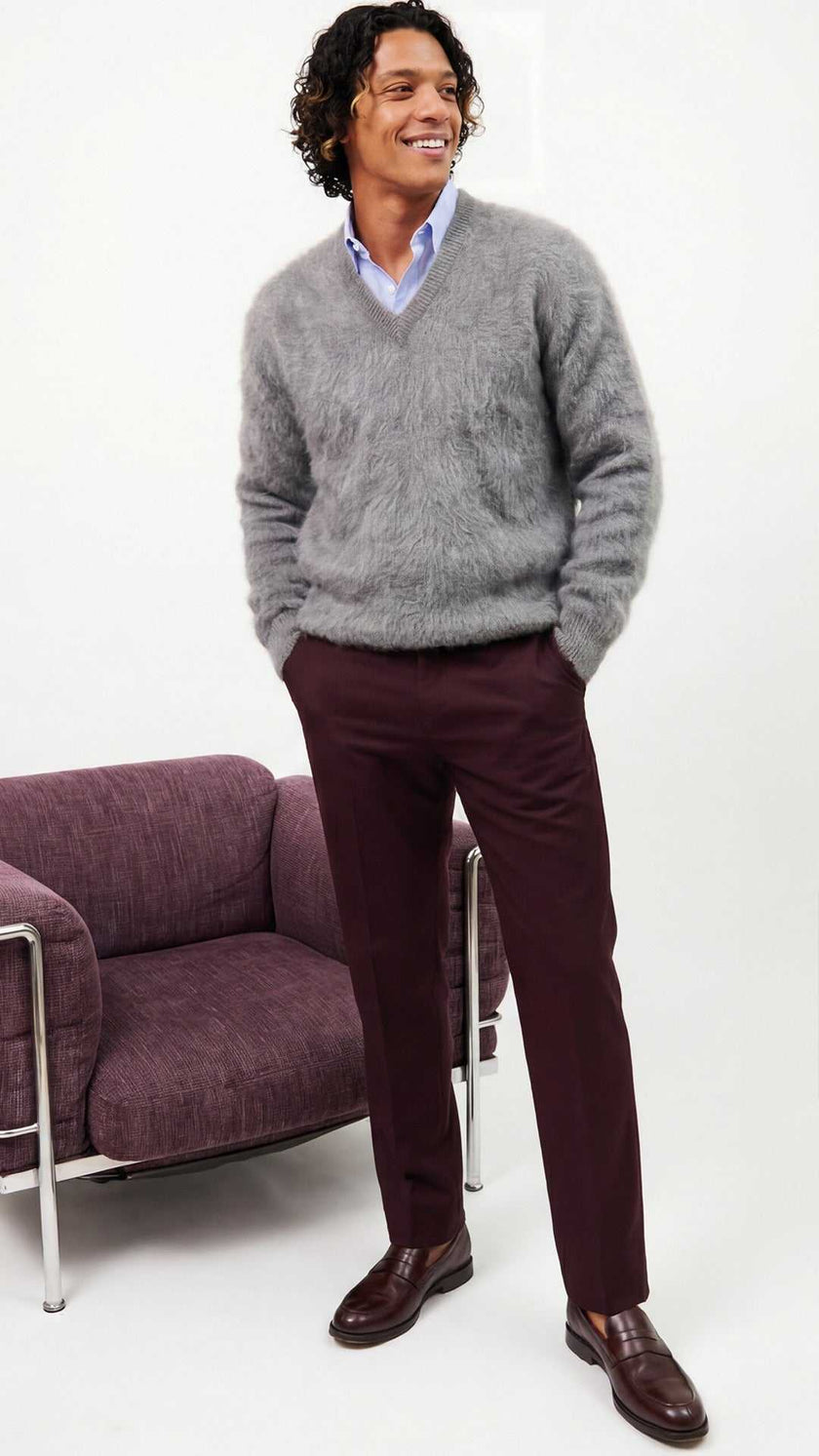 Men's Ultra-Soft Angora V-Neck Sweater in soft knitwear, luxury fall fashion for men
