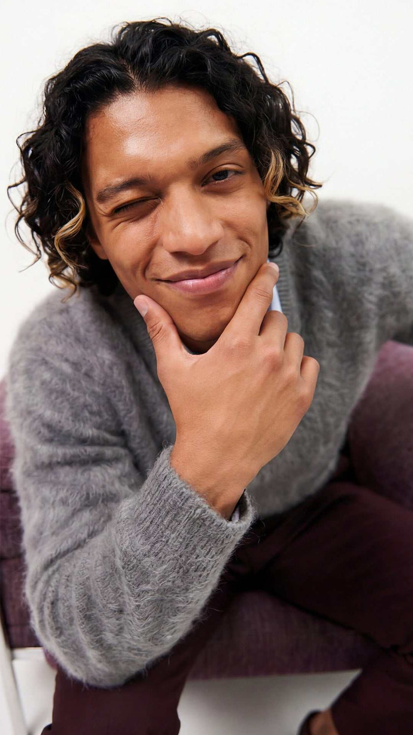 Men's Ultra-Soft Angora V-neck sweater in navy blue, soft and warm luxury knitwear for fall fashion