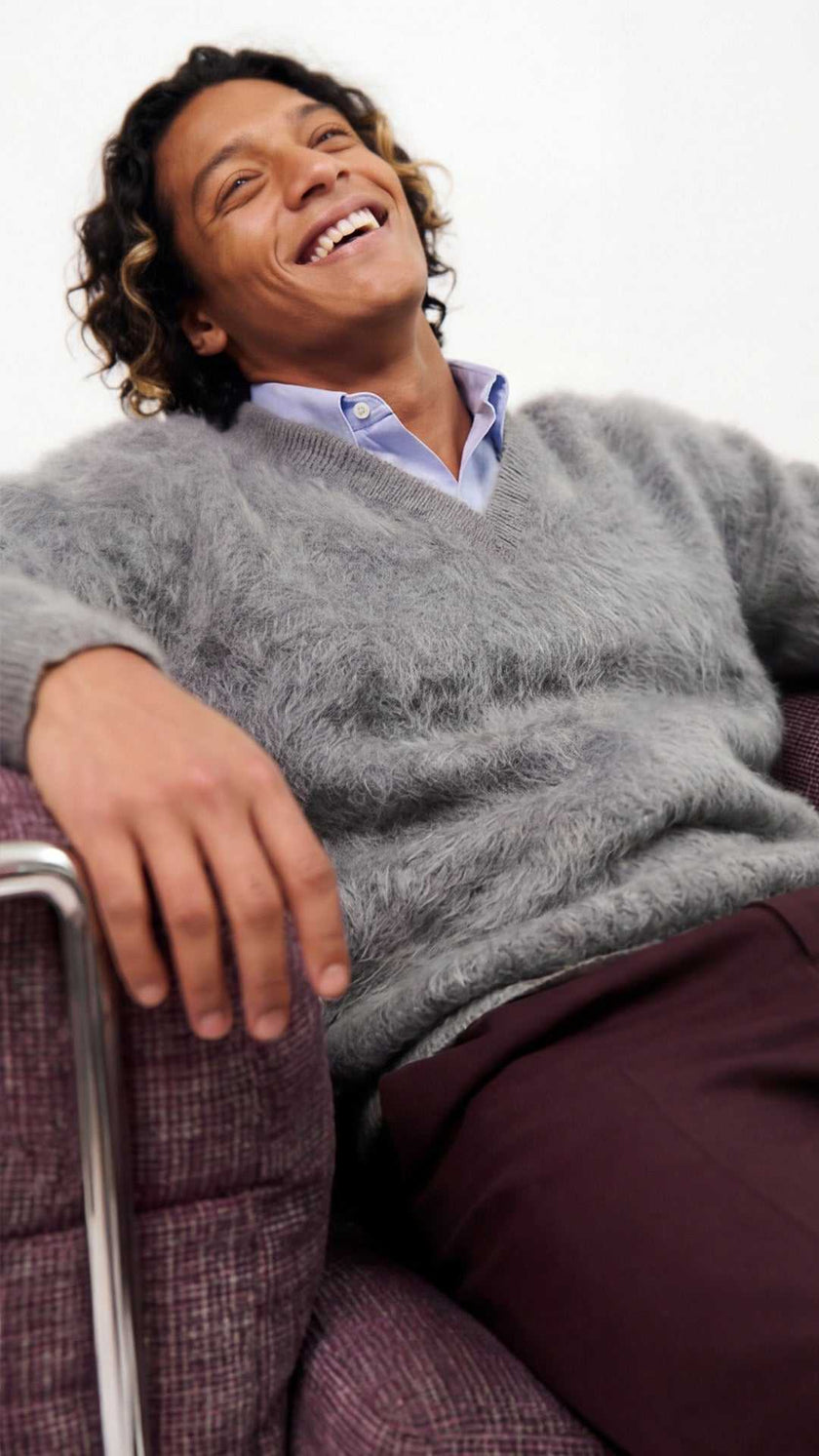 Men's Ultra-Soft Angora V-Neck Sweater in navy blue, luxurious and warm fall fashion knitwear