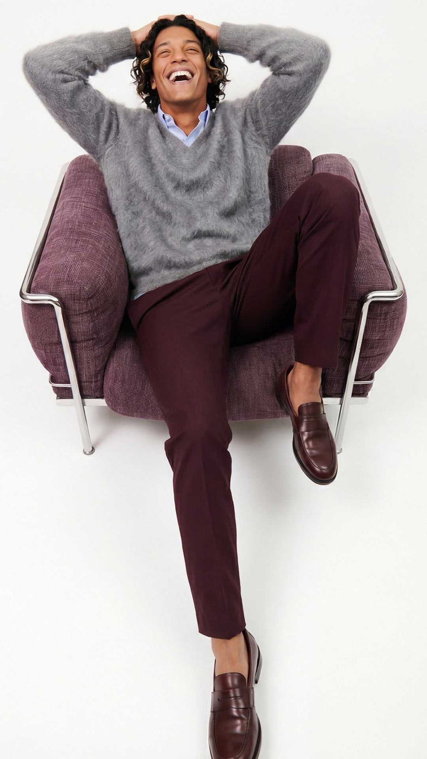 Men's Ultra-Soft Angora V-Neck sweater in dark gray, perfect for fall fashion and warmth