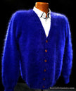 Men's ultra-soft angora cardigan sweater in vibrant blue with buttons