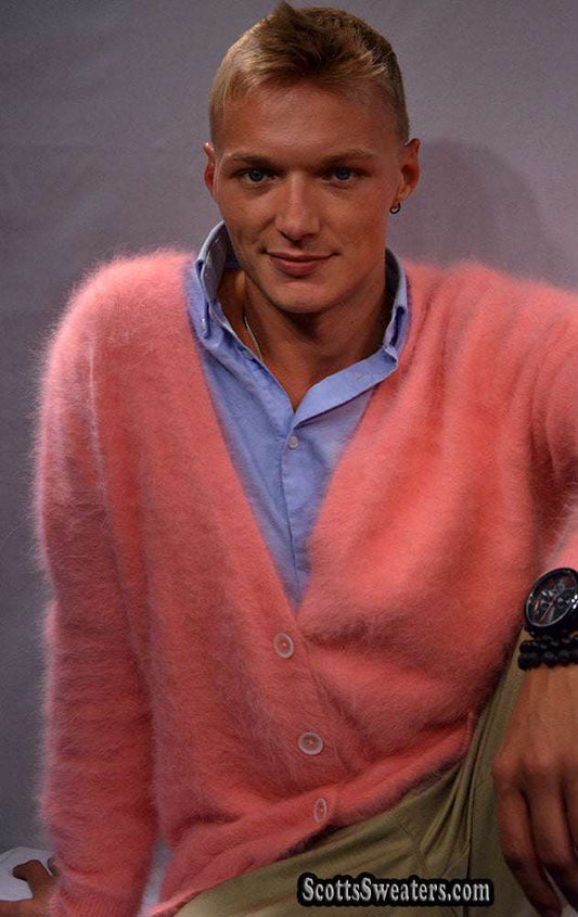 Men's ultra-soft angora pink cardigan sweater worn over blue shirt