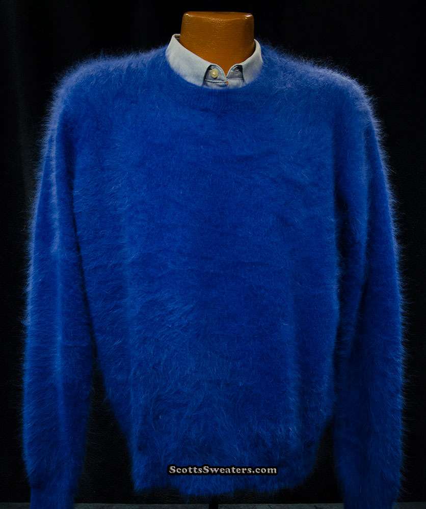 Men's ultra-soft blue angora crewneck sweater on mannequin with dress shirt collar