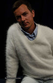 Men's ultra-soft angora V-neck sweater in white, luxurious and warm, available in multiple colors and sizes.
