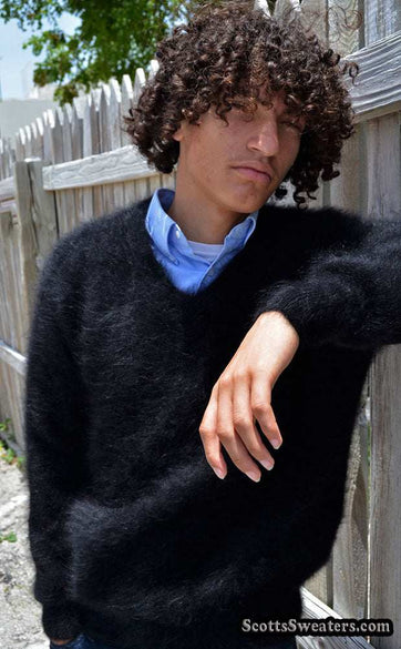 Men's ultra-soft angora V-neck sweater in white, luxurious and warm, available in multiple colors and sizes