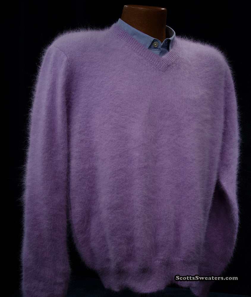 Men's ultra-soft angora V-neck sweater in white, luxurious and warm, available in multiple colors and sizes