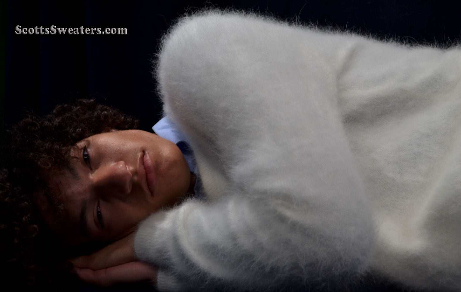 Men's ultra-soft angora white V-neck sweater with 360-degree view