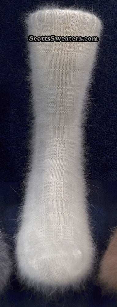 Men's white angora dress sock made with 70% angora, stretchy and comfortable for all-season wear.