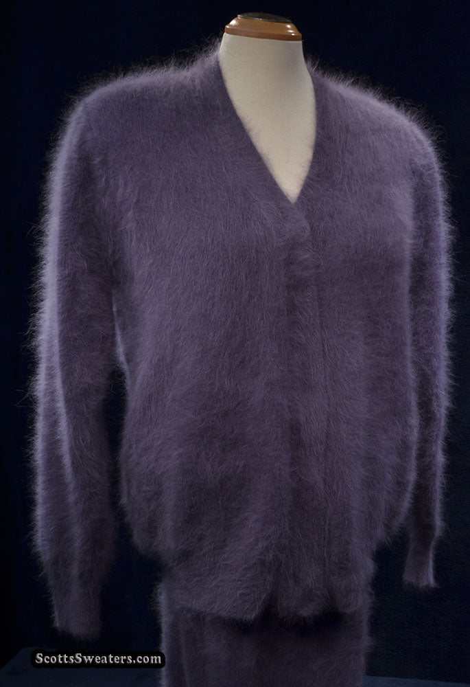 Cinereous-grey 3-piece angora cardigan sweater with short and long matching skirts, medium size