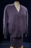 Woman wearing cinereous-grey 3-piece angora cardigan and skirts set with short and long skirts